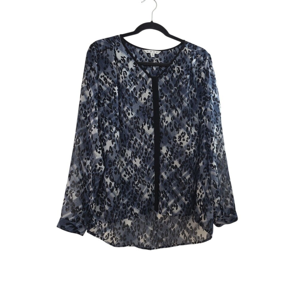 CAbi Fatale Blouse Top  Blue Animal Print Medium Chiffon Black White Womens
